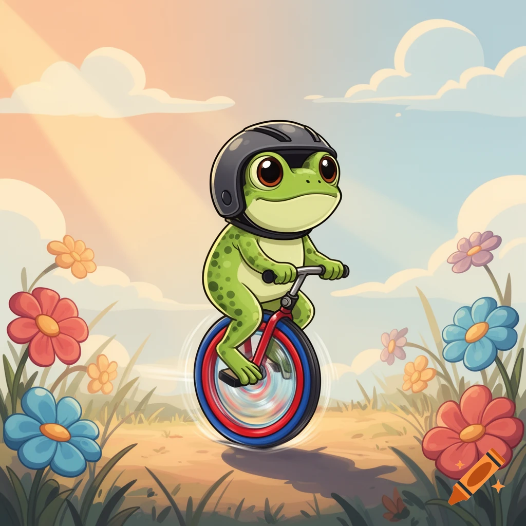 A cute cartoon frog wearing a black helmet rides a unicycle through a vibrant field of flowers under a sunny, clouded sky.