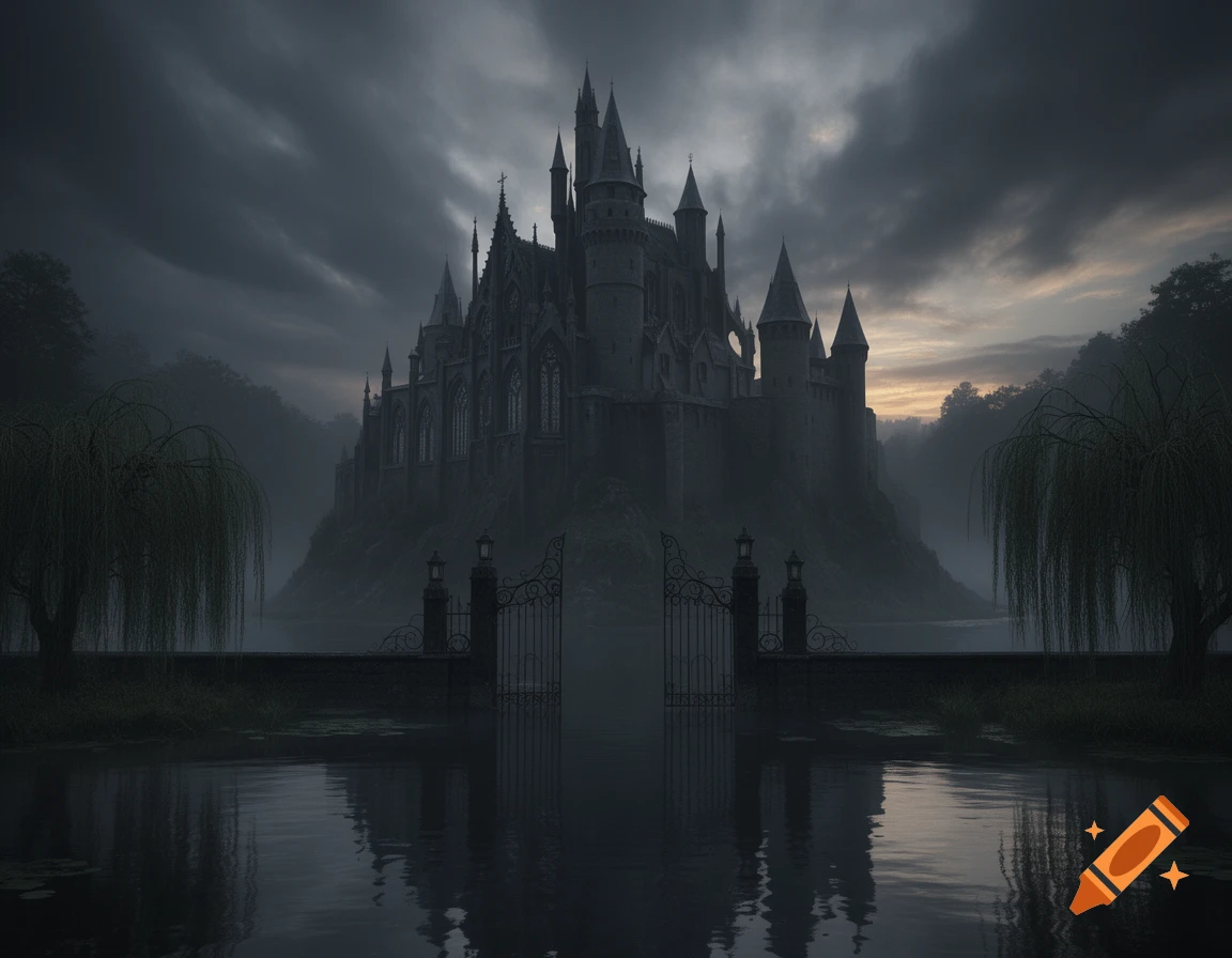 A dark gothic castle reflected in a misty moat at twilight, flanked by weeping willows and an ornate gate.