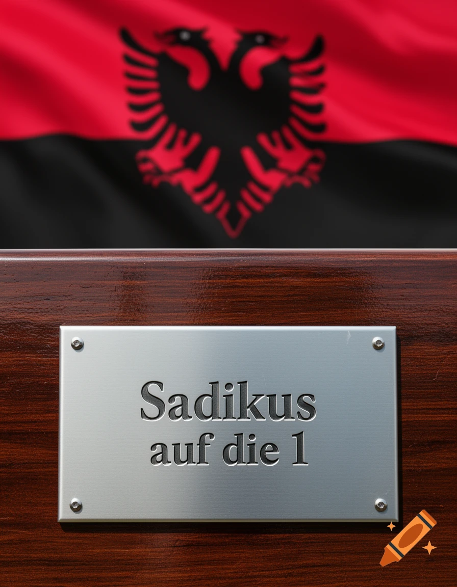 A shiny metal plaque engraved with "Sadikus auf die 1" on a wooden surface, with a blurred Albanian flag in the background.