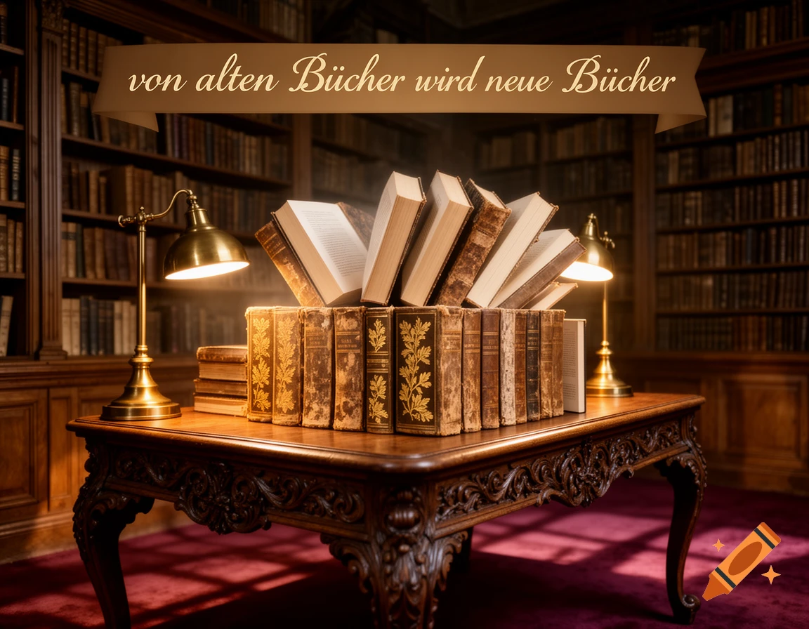 Ornate old books on a carved wooden table in a library, lit by a desk lamp. A banner overhead reads 'von alten Bücher wird neue Bücher'.