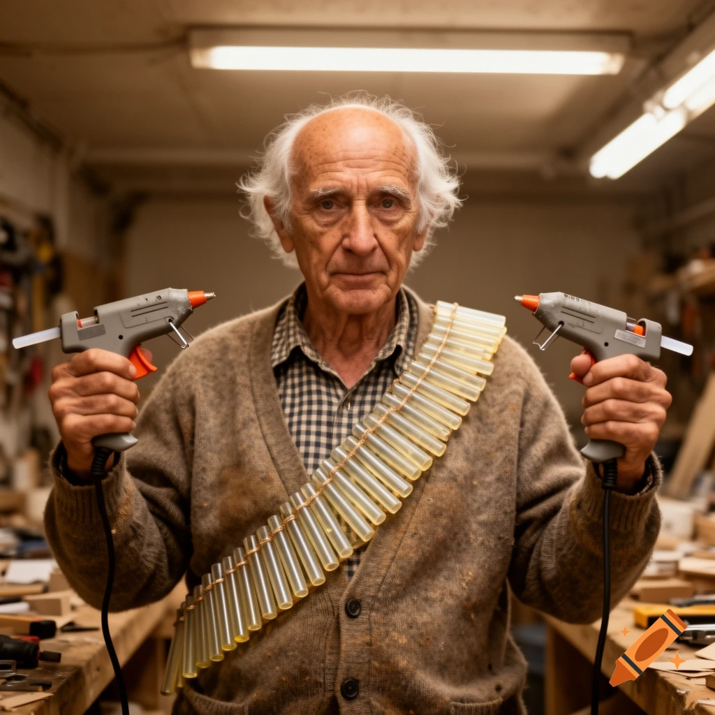 Older man with white hair, holding two hot glue guns and wearing a bandolier of glue sticks in a workshop, photorealistic style.
