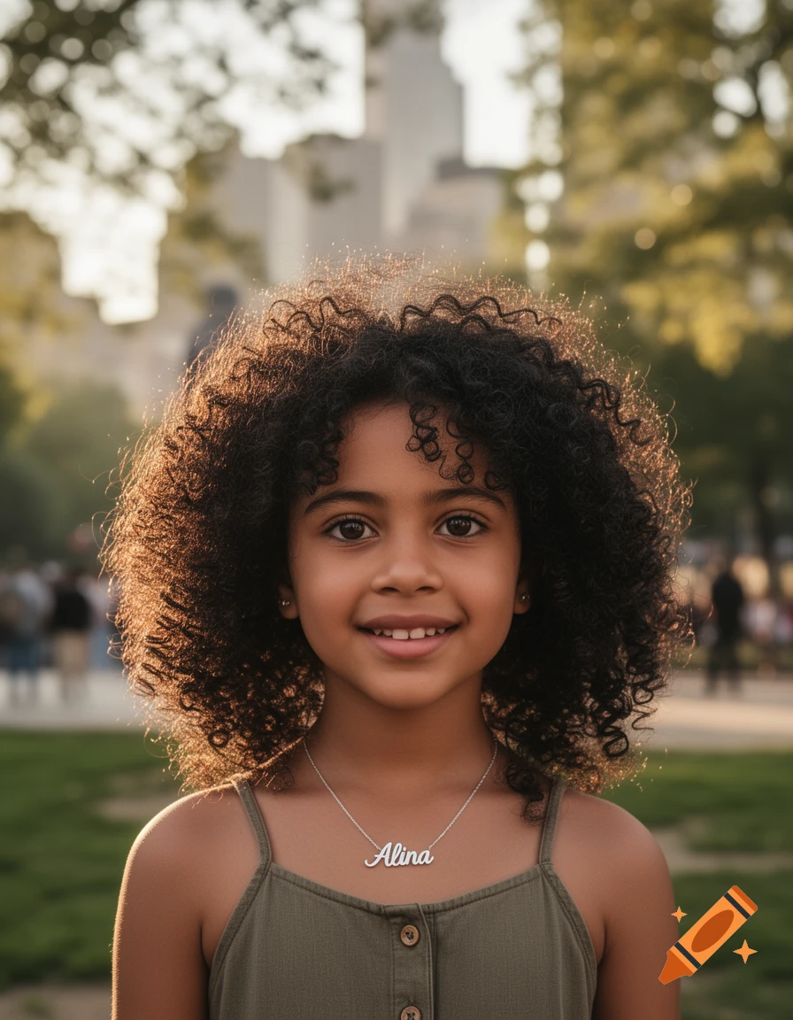 A smiling Latina girl with curly dark hair and an 'Alina' necklace in a sunlit park, photorealistic.