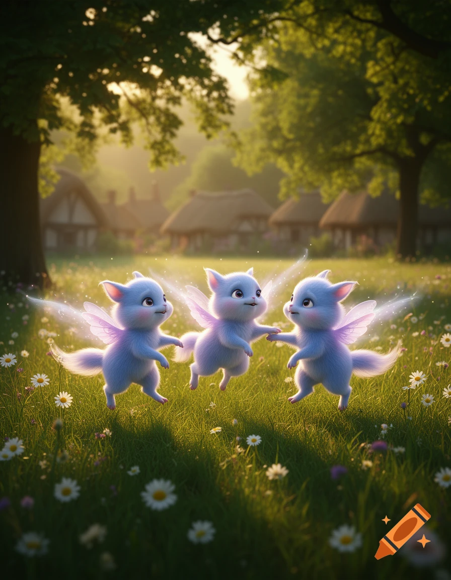 Three light blue fluffy fairy creatures with pink wings dance in a sunny grassy field with daisies, trees, and quaint houses.