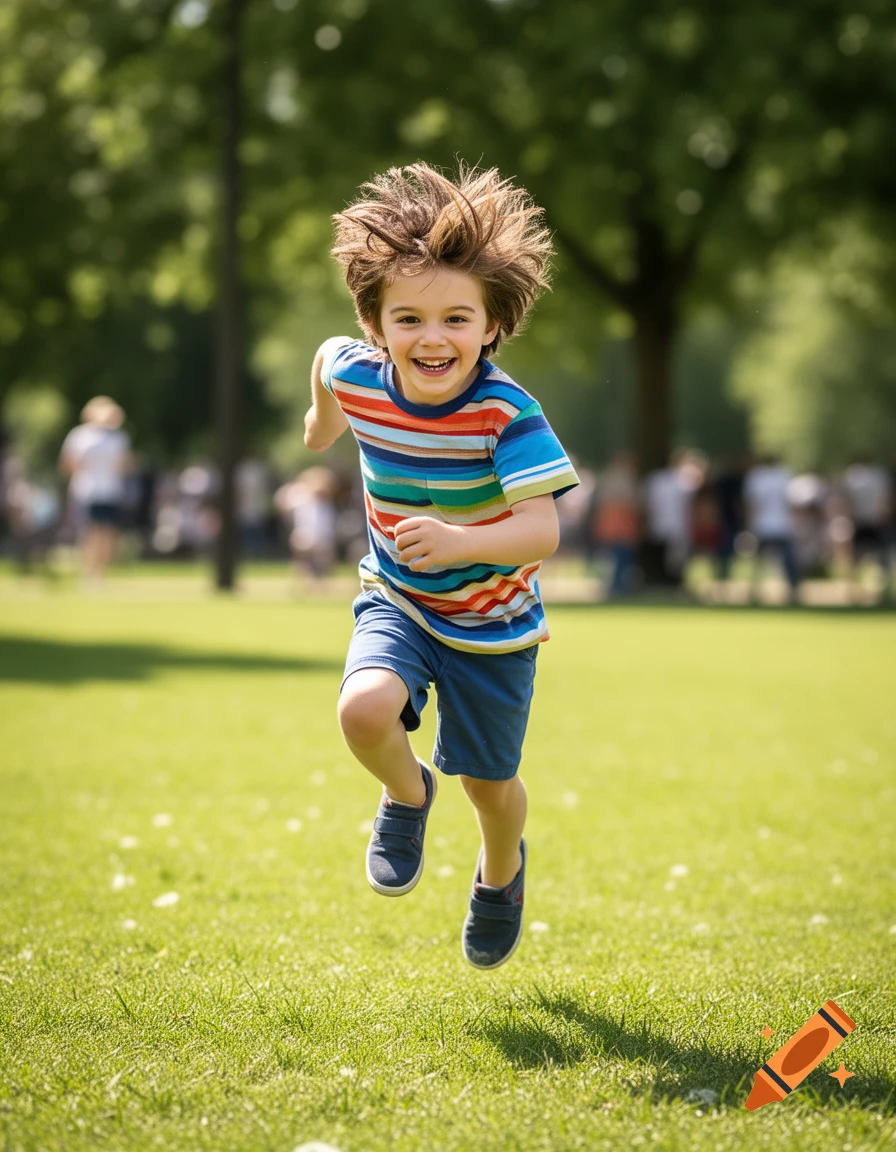 A happy young boy with messy hair runs through a sunny green park, wearing a striped shirt and shorts, mid-stride.