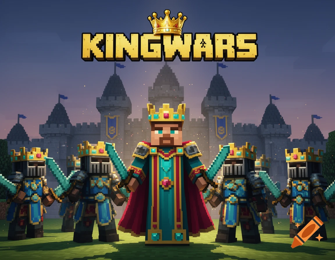 Blocky king in a crown and cape, guarded by knights with swords, in front of a castle under 'KINGWARS' text, Minecraft style.