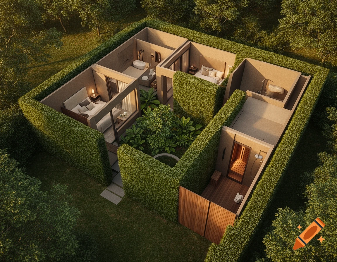 Bird's eye view of a modern home with 3 beds, 2 baths, a central garden, large privacy hedges, and an outdoor sauna and shower.