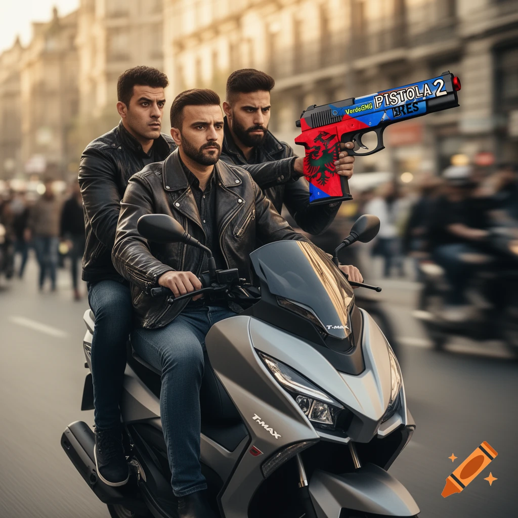 Three men in black leather jackets on a scooter, one holding a red, blue, and black pistol with text and a double-headed eagle.