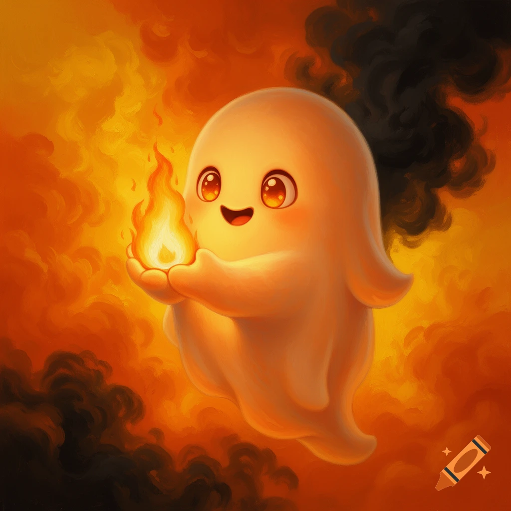 A cute, orange ghost with big eyes smiles, holding a small fire in its stubby hands against a background of orange, yellow, and black smoke in an oil painting style.