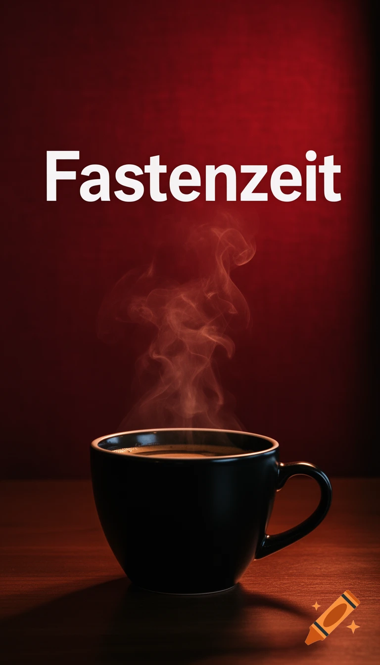 Steaming black coffee cup on a wooden table against a dark red background with the white text Fastenzeit.