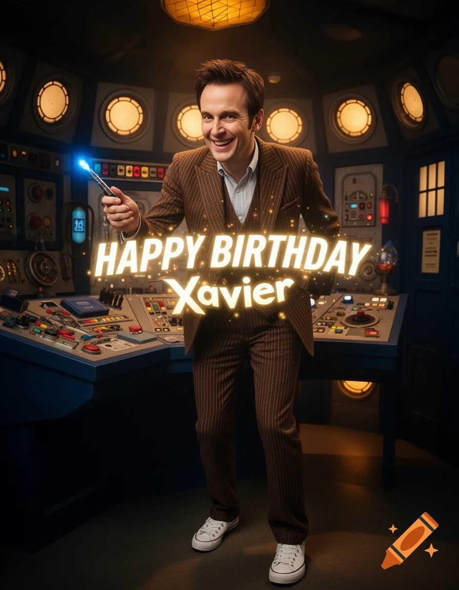 David Tennant's Doctor Who character smiles in the TARDIS console room, holding a glowing sonic screwdriver. Text reads "HAPPY BIRTHDAY Xavier".