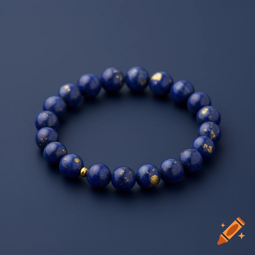 A minimalist lapis lazuli beaded bracelet with gold pyrite flecks and a small gold spacer bead, arranged in a circle on a dark navy surface.