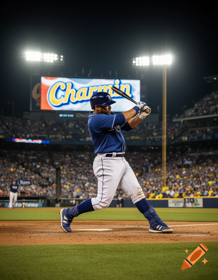 A baseball player in a blue uniform swings a bat at night in a stadium with a 'Charmin' scoreboard. Photorealistic style.