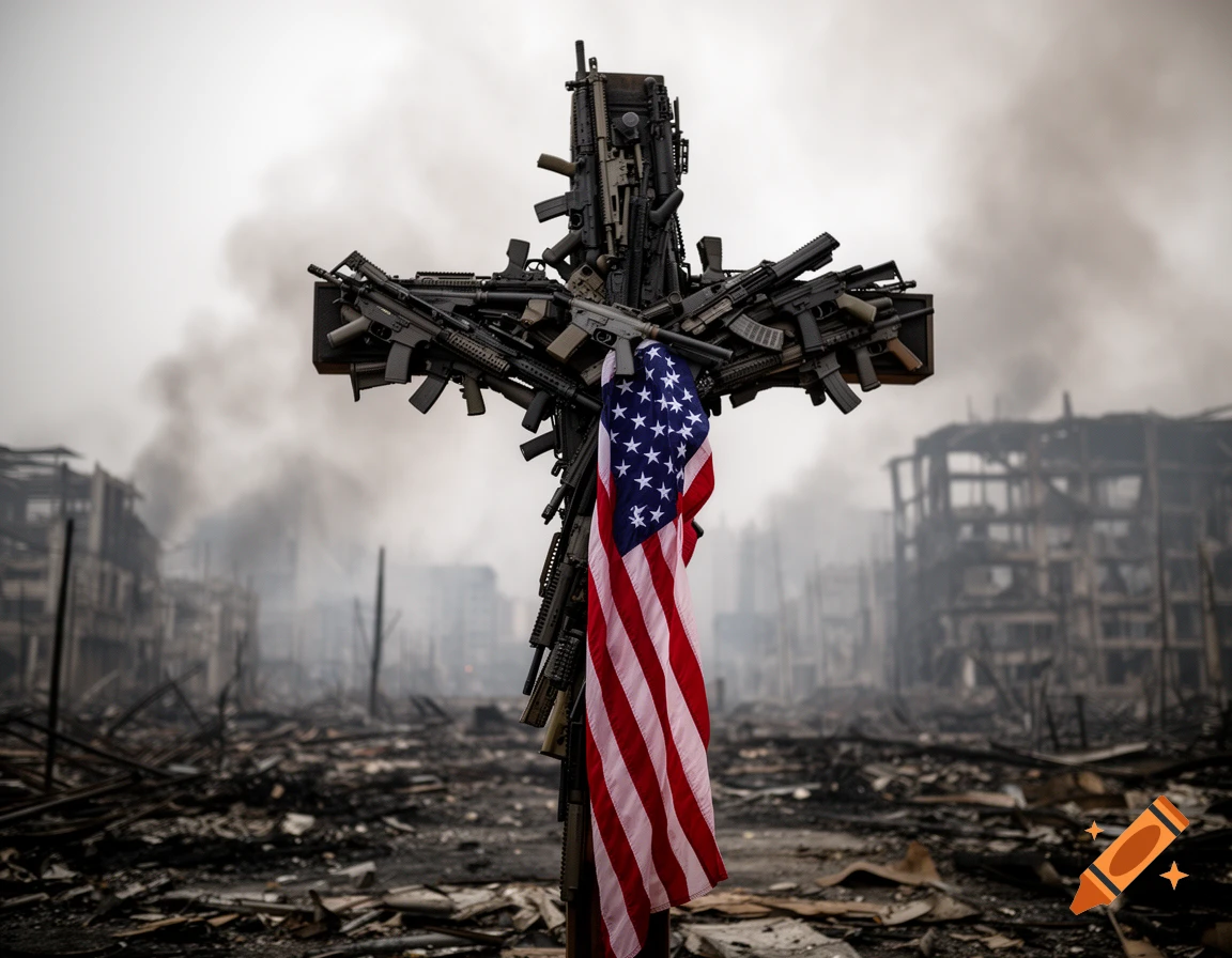 A photorealistic crucifix made of guns, draped with an American flag, stands in the smoldering ruins of a destroyed city.