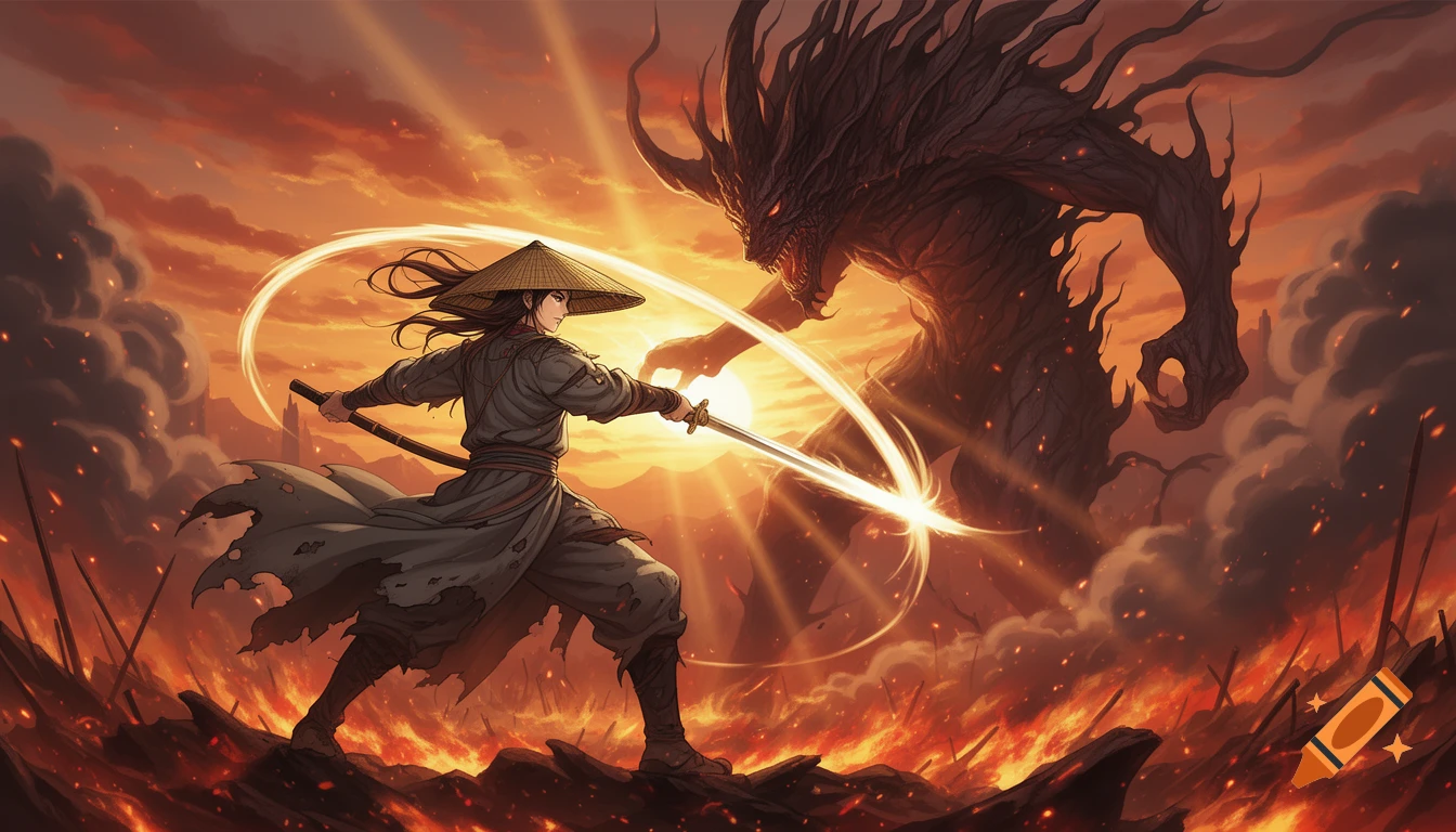 An anime-style image of a bamboo-hat swordsman battling a colossal demon on a burning battlefield at sunset.