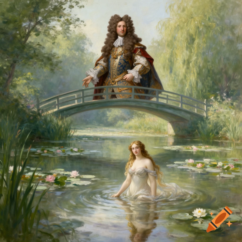 A surreal painting features a massive Louis XIV floating above a bridge in a water lily pond, with Venus emerging from the water.