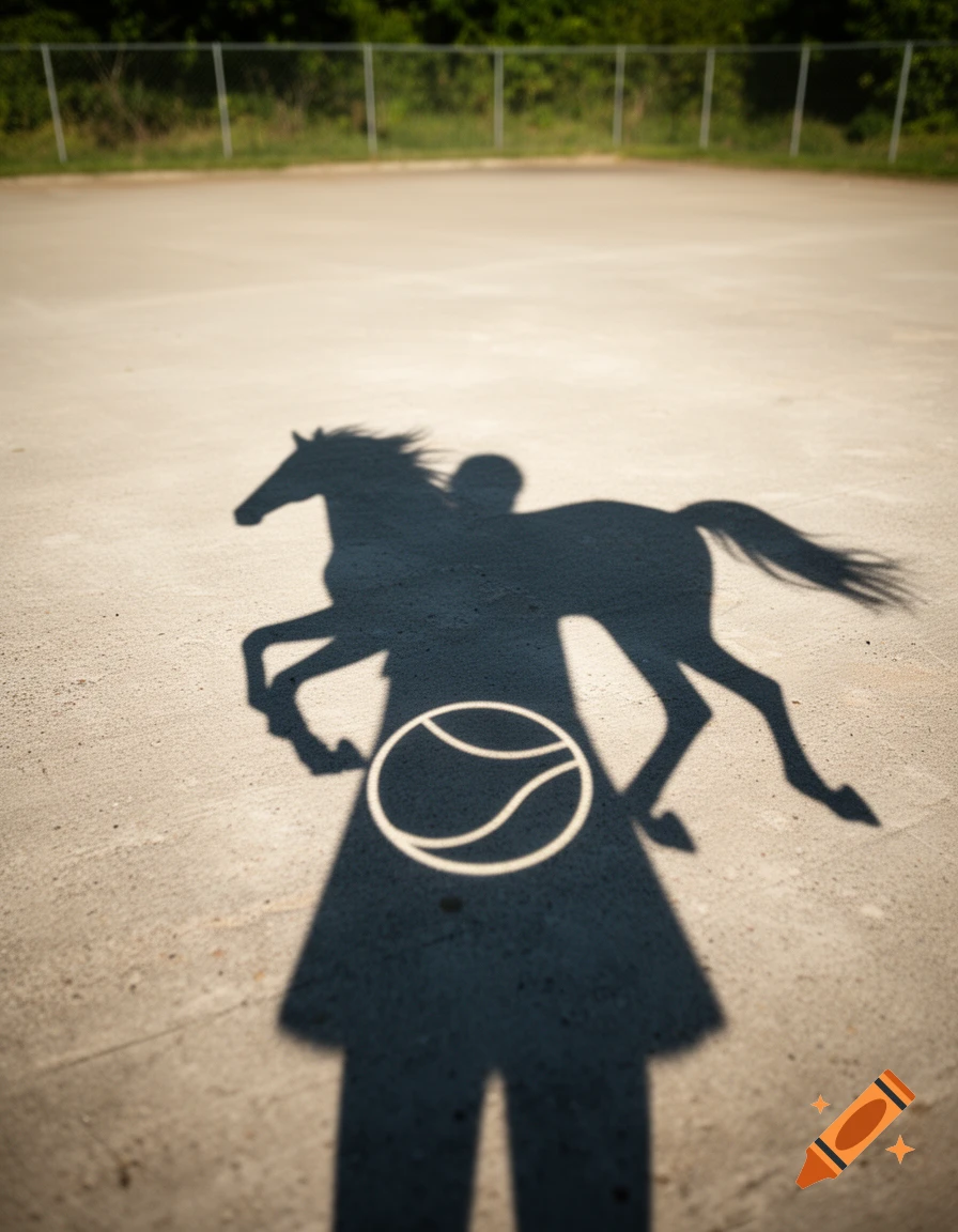A person's shadow on the ground contains the silhouette of a horse with a rider and a tennis ball, with a fence in the background.