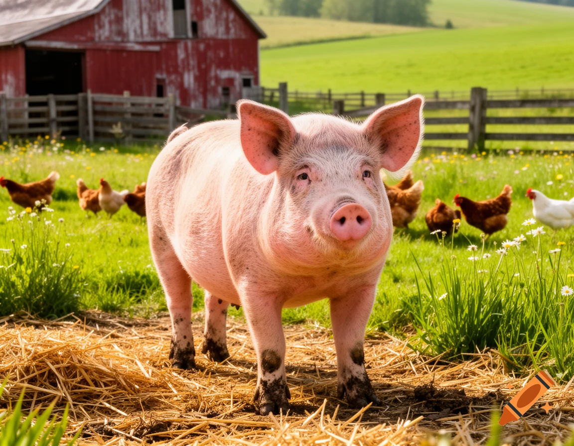 A pink pig stands in a field of hay and grass, with chickens and a red barn in the background on a sunny day.