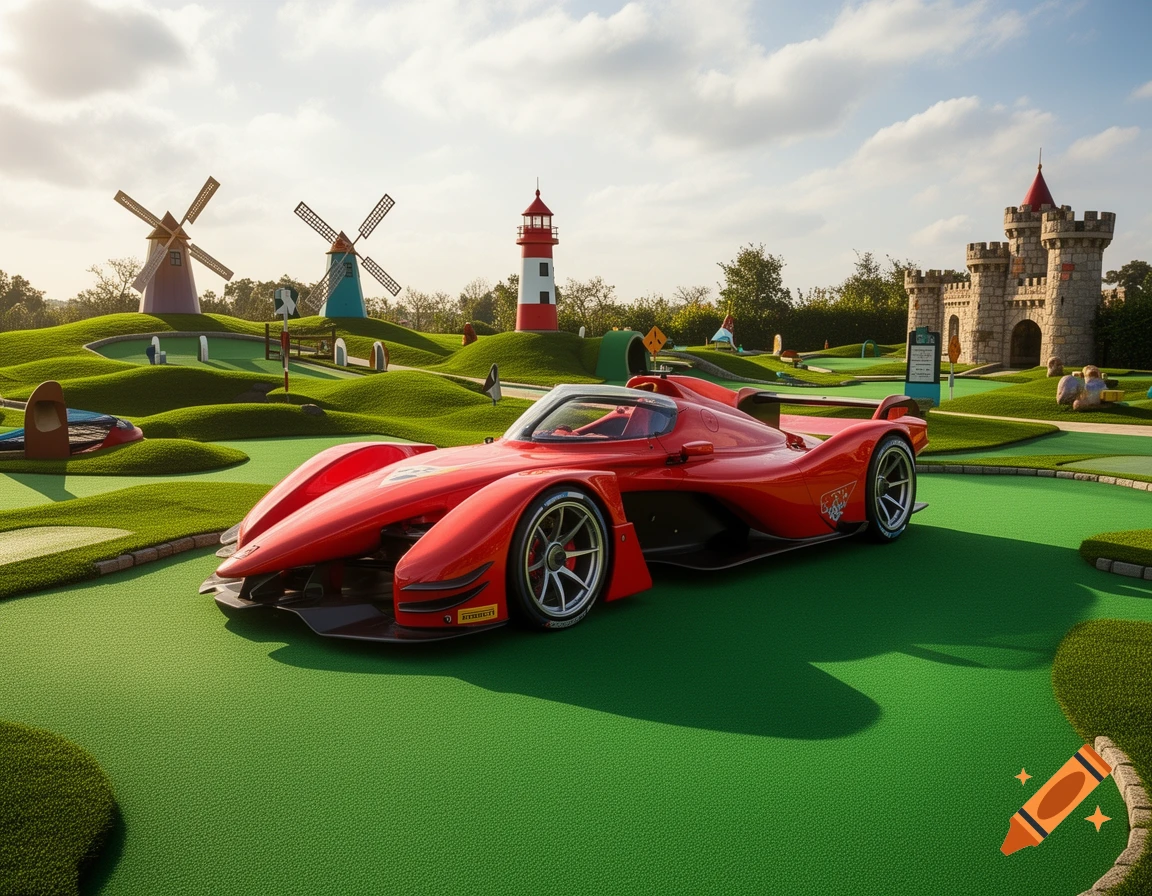 A sleek red race car is parked on a vibrant green miniature golf course, featuring windmills, a lighthouse, and a stone castle under a sunny sky.