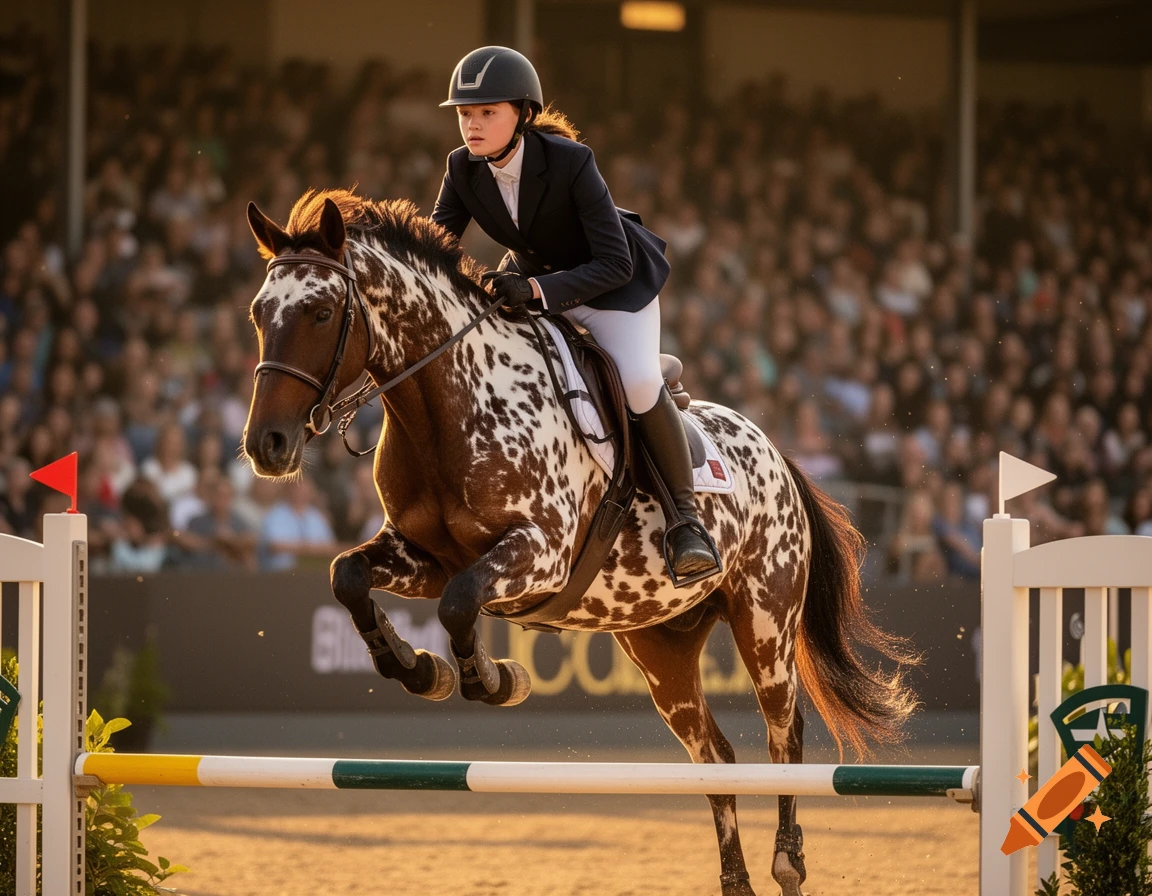 A concentrated teenage girl in riding gear guides a spotted Appaloosa horse over a jump in an equestrian competition, with a blurred crowd in the background.