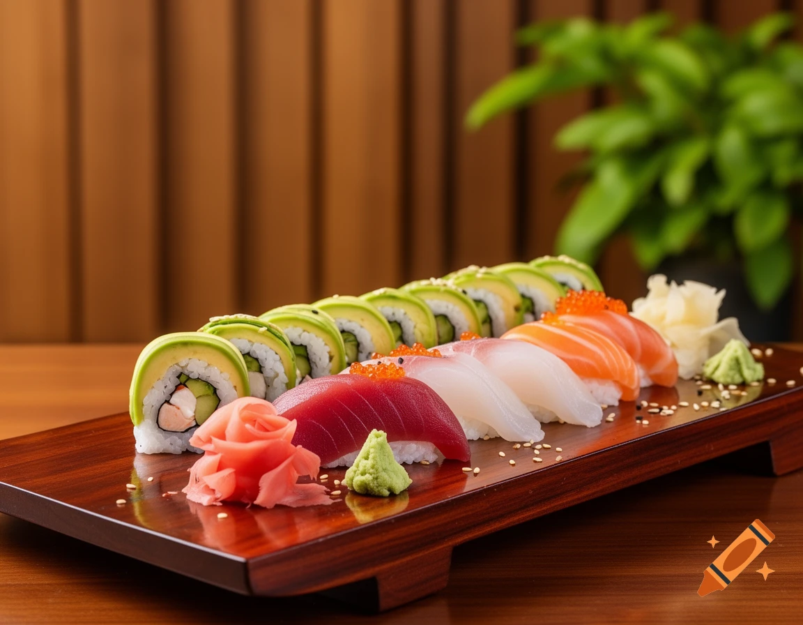 A photorealistic plate of sushi and sashimi, including avocado rolls and various fish nigiri, on a dark wooden board.