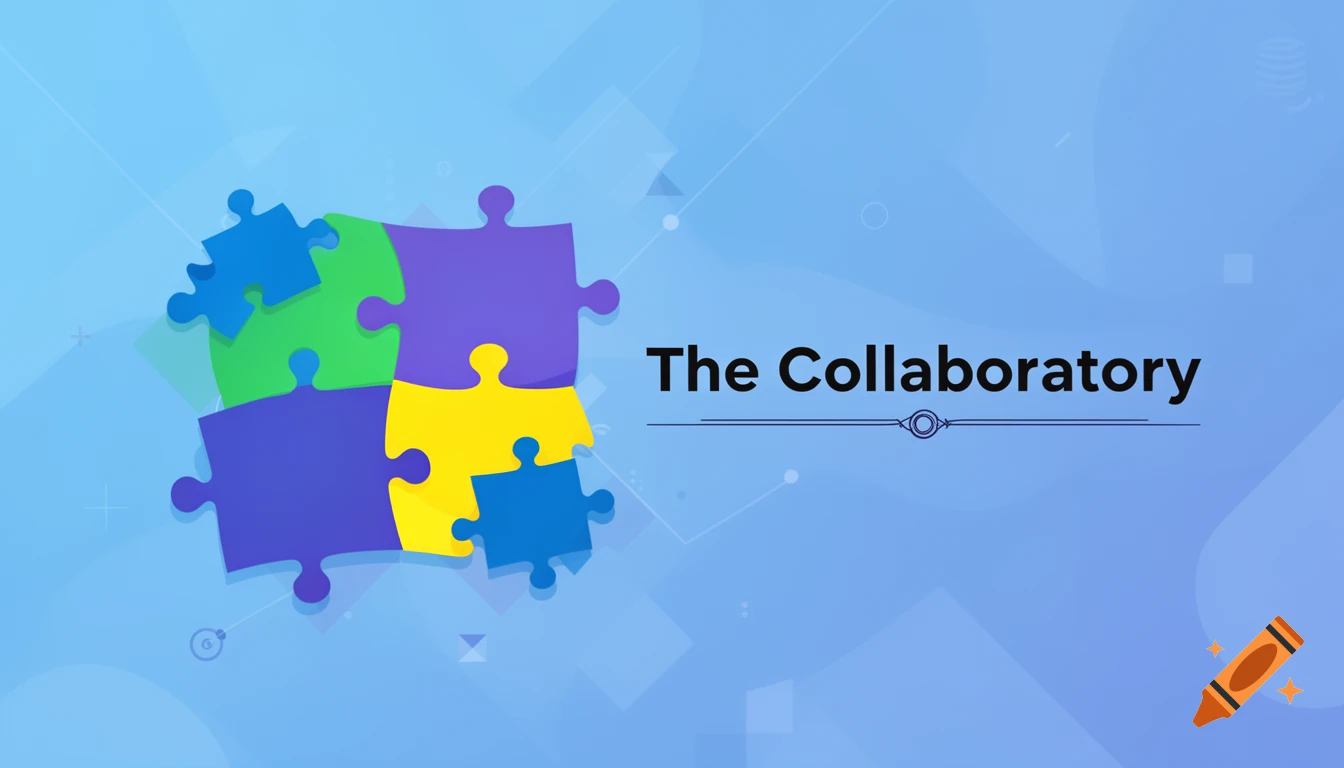 An illustrated logo featuring colorful puzzle pieces on a blue background, with the text 'The Collaboratory'.