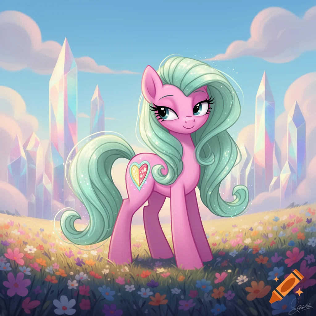 A pink cartoon pony with long mint green hair stands in a field of colorful flowers, with iridescent crystal spires and clouds under a blue sky.
