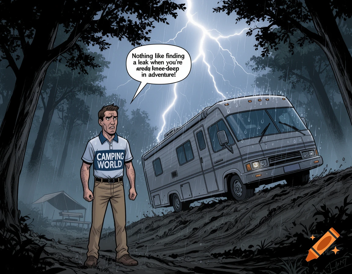 Comic book style image of a man in a 'Camping World' shirt looking dismayed at his RV in a rainy, stormy forest, with lightning striking.