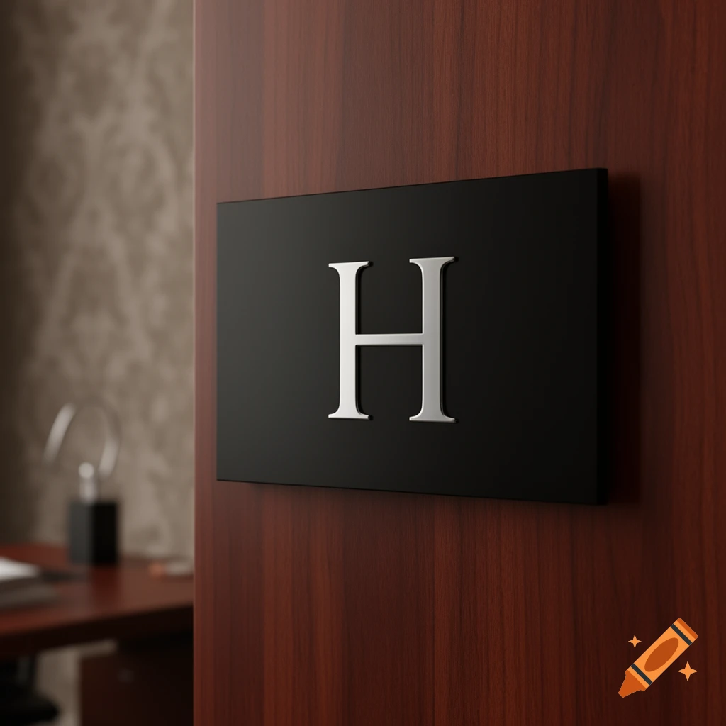 A silver capital letter H on a black rectangular plaque affixed to a dark wooden door, with a blurry room in the background.