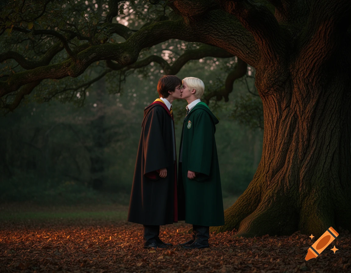 Photorealistic image of Harry Potter and Draco Malfoy kissing under a large oak tree in a magical forest.