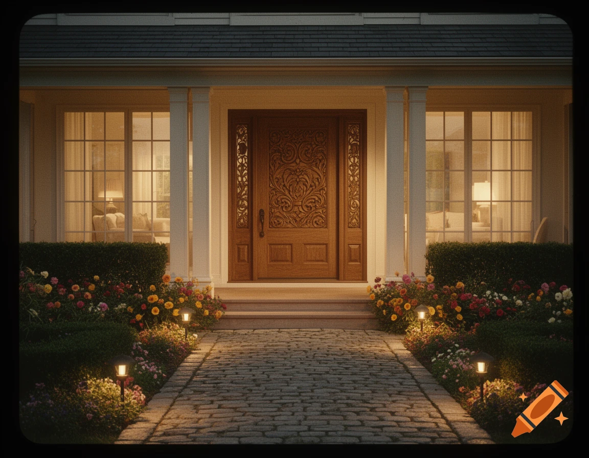 Front view of a house entrance at dusk, featuring a richly carved wooden door, lit windows, a cobblestone path, and vibrant flowerbeds with small lights.