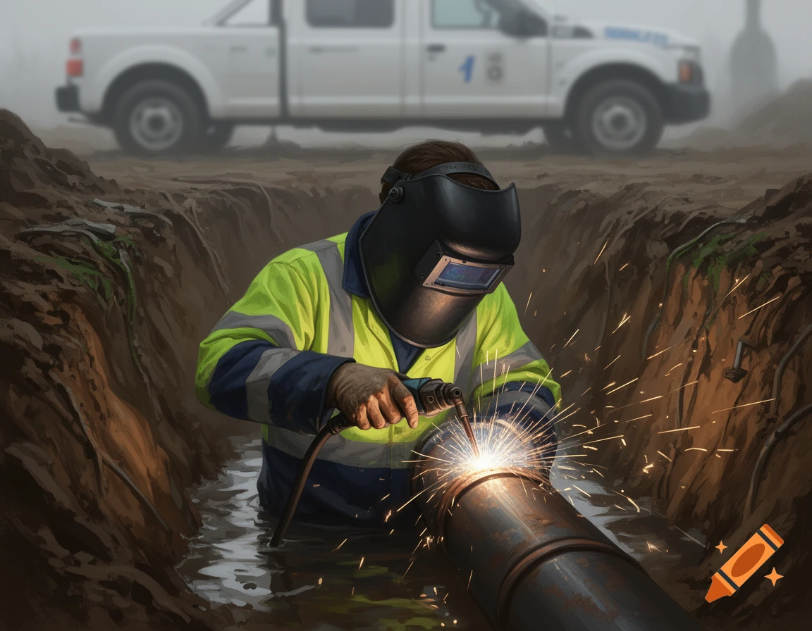 A welder in high-vis gear welds a pipe in a flooded trench, sparks flying, with a blurred white truck in the background, digital art.
