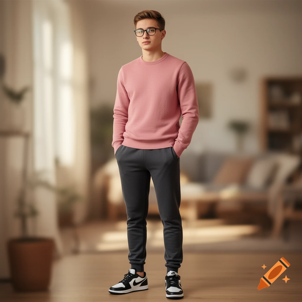 A young man in glasses, a pink sweatshirt, dark sweatpants, and black and white sneakers stands indoors.