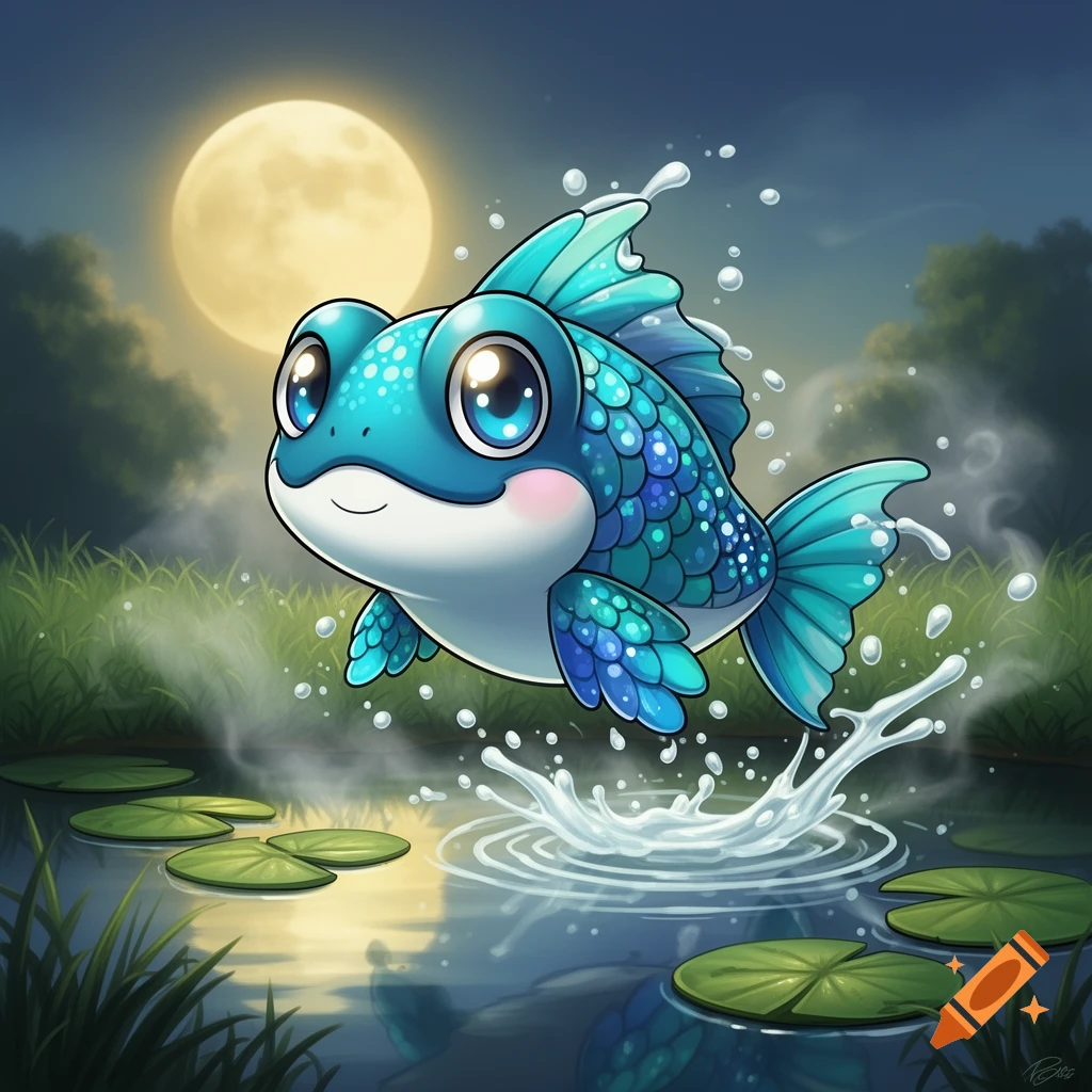 A cute, blue, cartoon fish with large eyes jumps out of a moonlit pond, splashing water and lily pads.