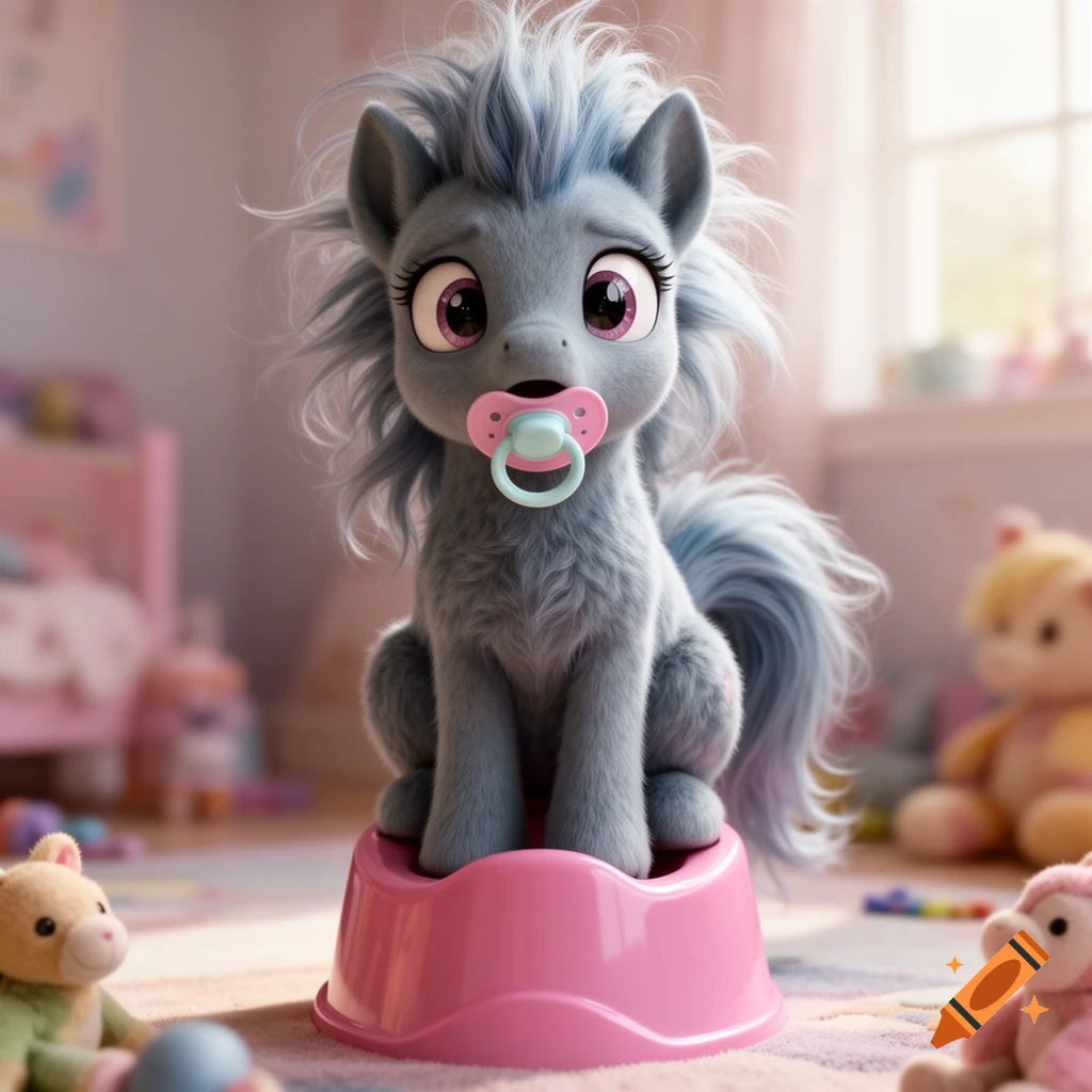 Hyperrealistic 3D rendering of a furry gray pony-like creature with a pacifier, squatting on a pink potty chair in a child's room, looking astounded.