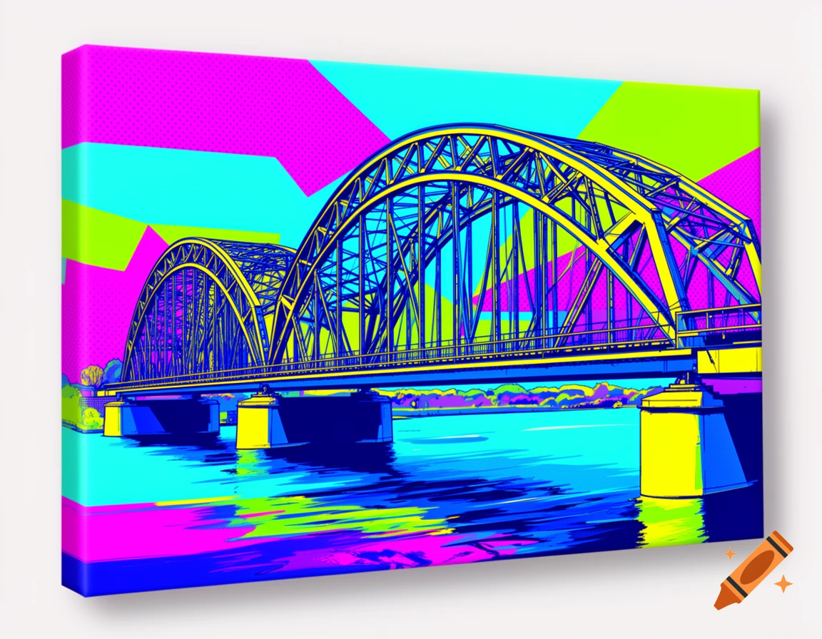 A vibrant Pop Art illustration of a bridge with two arches over blue water against a geometric, multi-colored sky.