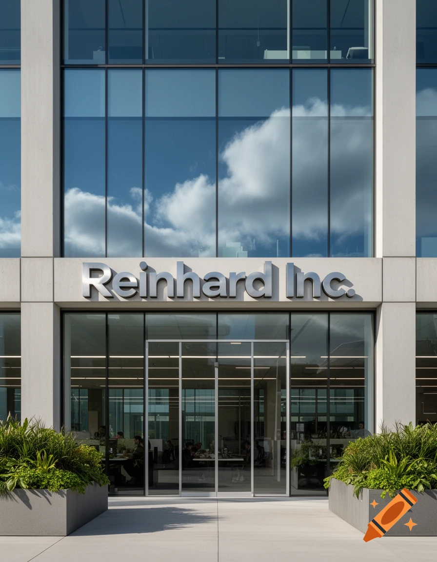 Photorealistic shot of a modern glass office building with a 'Reinhard Inc.' sign and planters.