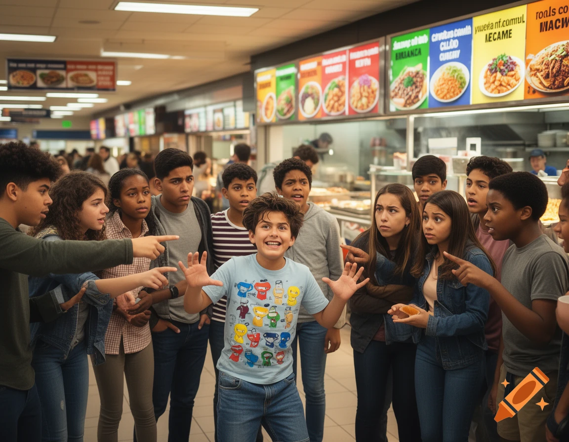 A group of diverse teenagers and children gather excitedly in a brightly lit cafeteria, pointing and looking at food options.