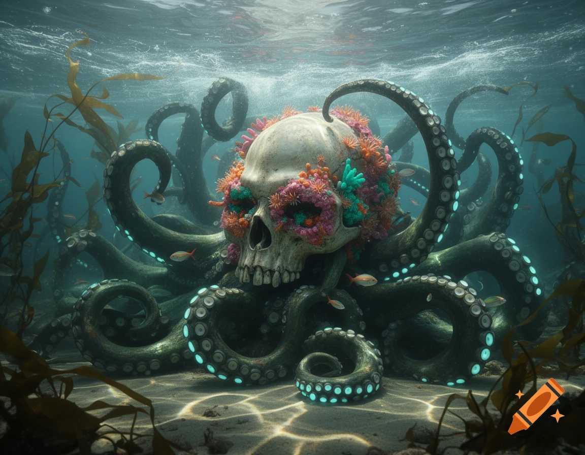 A coral-covered skull rests on a sandy seabed, surrounded by glowing tentacles and small fish in an underwater scene.