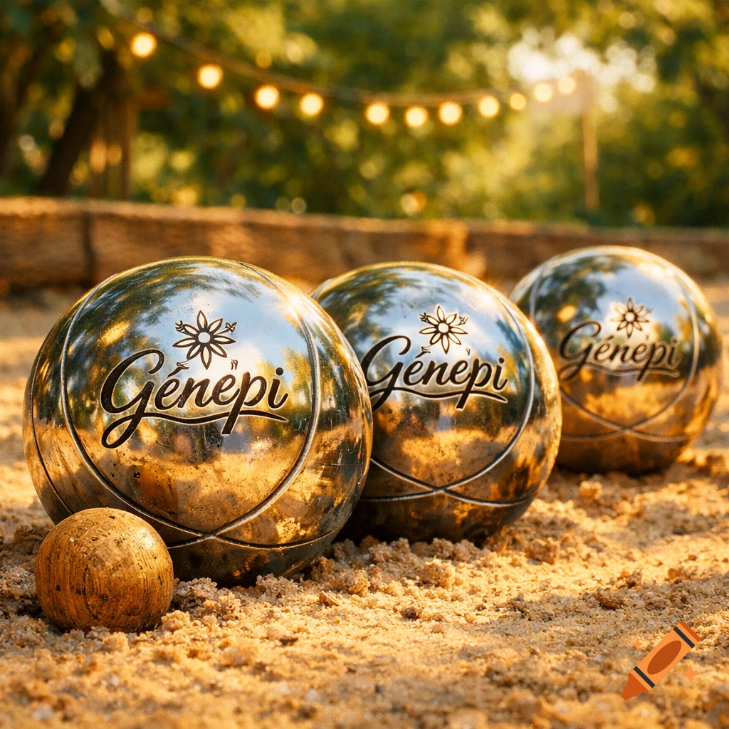 Three shiny pétanque balls with 'Génépi' logo and a wooden cochonnet on sand, under string lights.