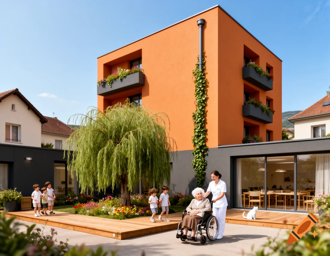 A caregiver pushes an elderly woman in a wheelchair in a sunny garden by a modern orange building, with children and a white cat.