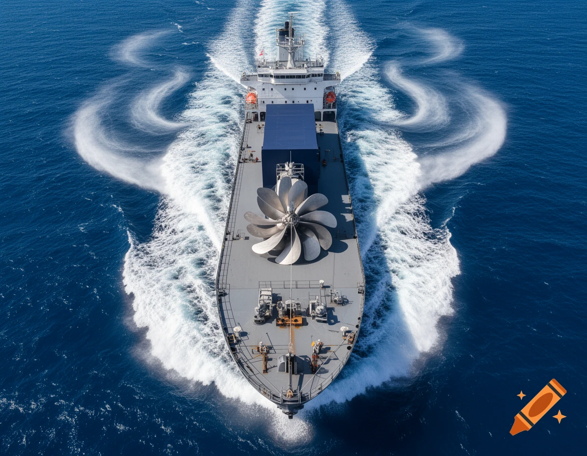 Aerial view of a ship with a large propeller on its stern sailing on deep blue ocean water, leaving swirling white wakes.
