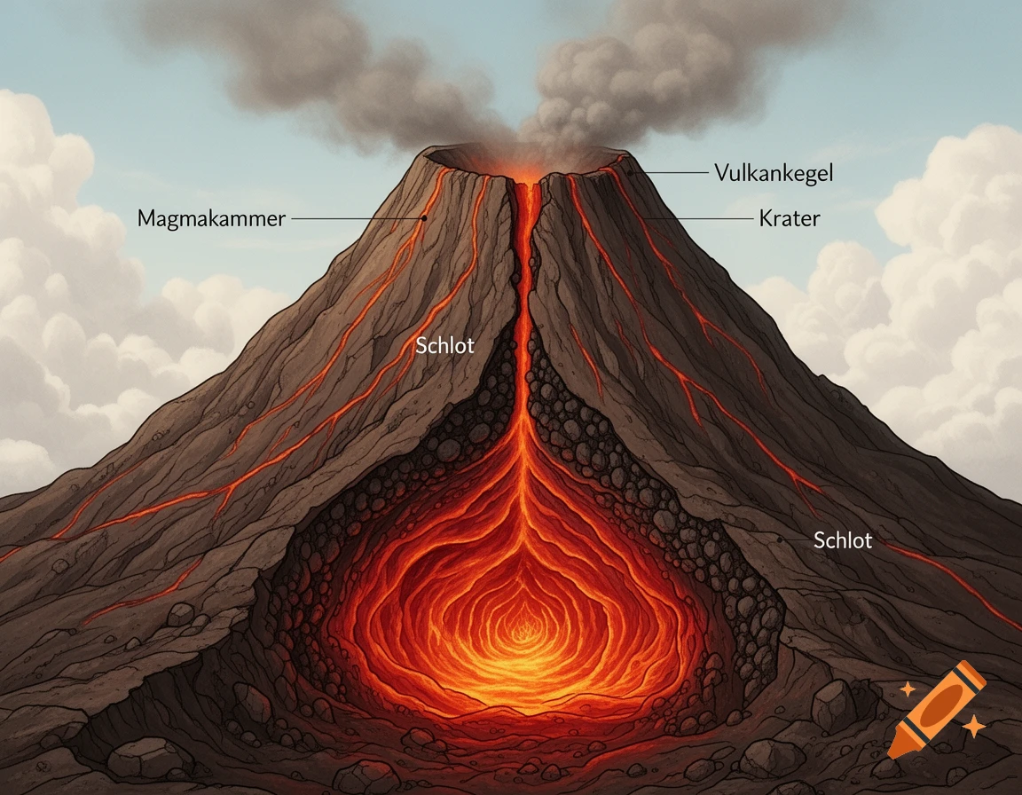Detailed illustration of a volcano cross-section, labeled in German with 'Magmakammer', 'Schlot', 'Vulkankegel', and 'Krater'.