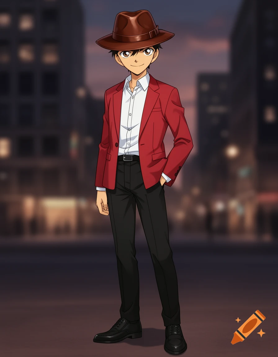 An anime drawing of a teenage boy wearing a brown fedora, red suit jacket, white shirt, black pants, and black shoes, against a blurry city background.