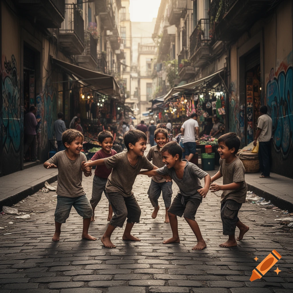 A group of smiling children play on a cobblestone street in a bustling market alley with graffiti-covered walls.