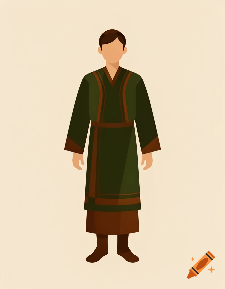 Minimalist full-body illustration of a man in dark green and brown traditional clothing, standing frontally on a light background.