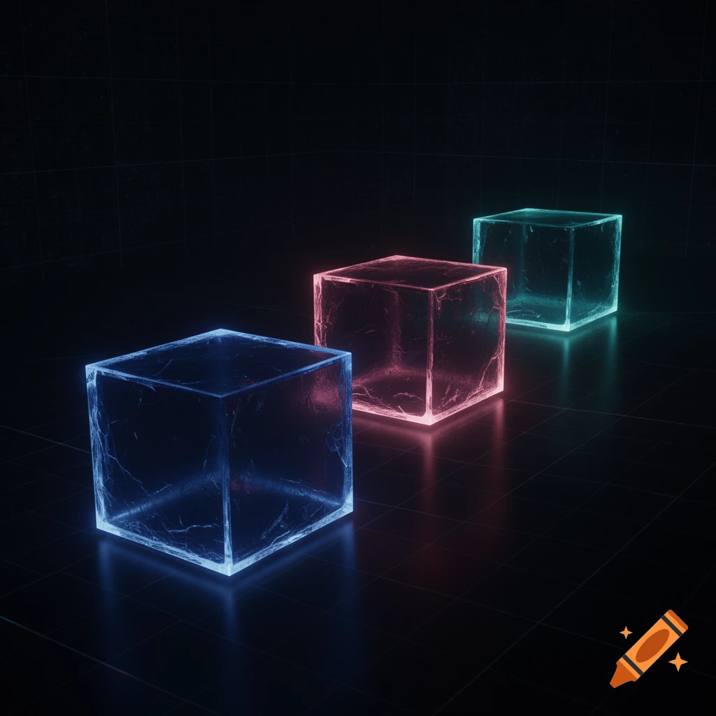 Three glowing, textured cubes in blue, pink, and teal colors arranged on a dark, reflective grid surface.