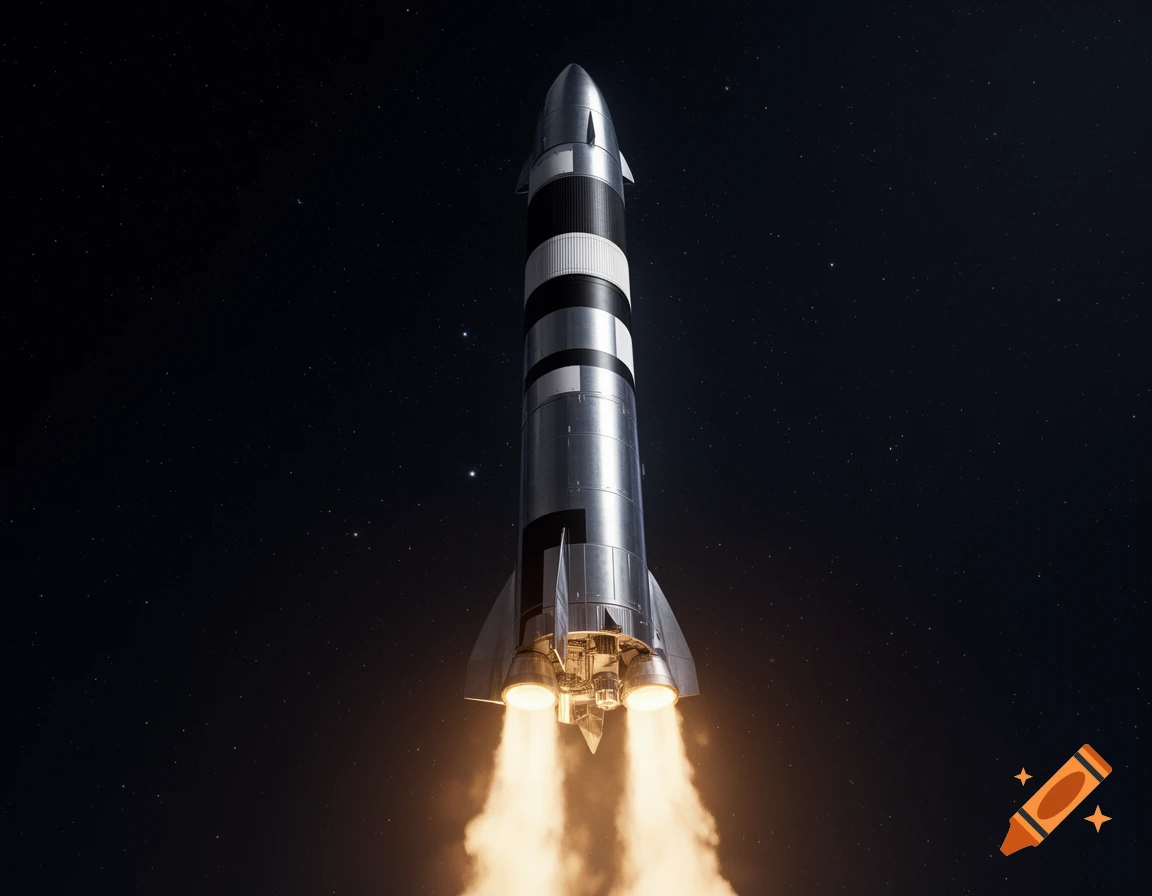 A detailed, realistic silver rocket with black and white stripes launching into a star-filled dark space, with bright orange flames erupting from its engines.