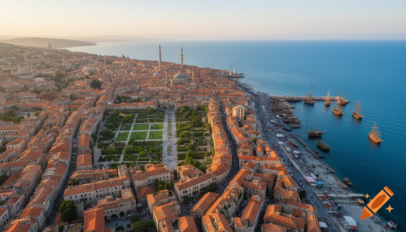 Aerial view of a historic city with red-roofed buildings, mosques, and a busy harbor filled with traditional ships on a blue sea.