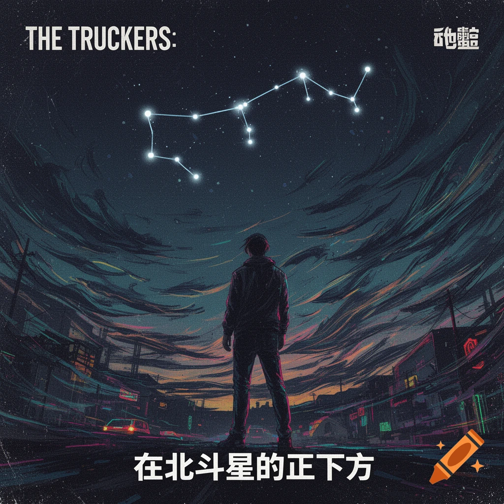 An illustrative album cover showing a person standing on a road, looking up at a bright constellation in a stylized night sky with 'THE TRUCKERS:' and Chinese text.