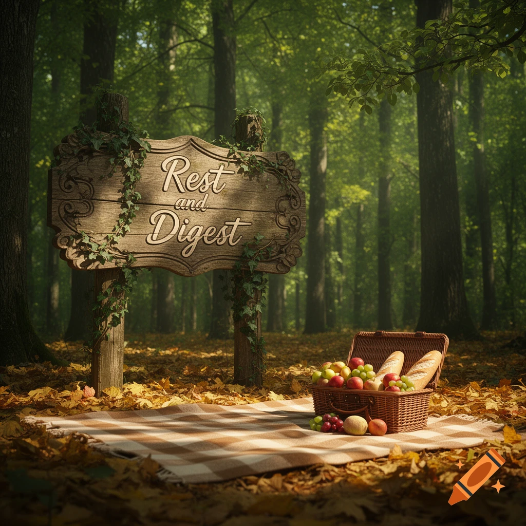 A sunlit autumn forest scene with a wooden sign reading 'Rest and Digest' and a picnic blanket with a basket of fruit and bread.